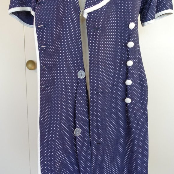 Vintage Studio I 60's Style Short Sleeve Navy White Polka Dot Work Office Dress - Picture 5 of 8